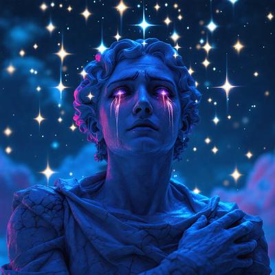 The primary subject of the image is a statue of a man with a tear in his eye. The statue is blue and has a sad expression. The setting is a night sky with stars, creating a serene and dramatic backdrop. The visual style is a digital art or illustration, giving the statue a unique and artistic appearance. The colors and mood of the image are predominantly blue, with the starry night sky adding a sense of depth and tranquility to the scene.